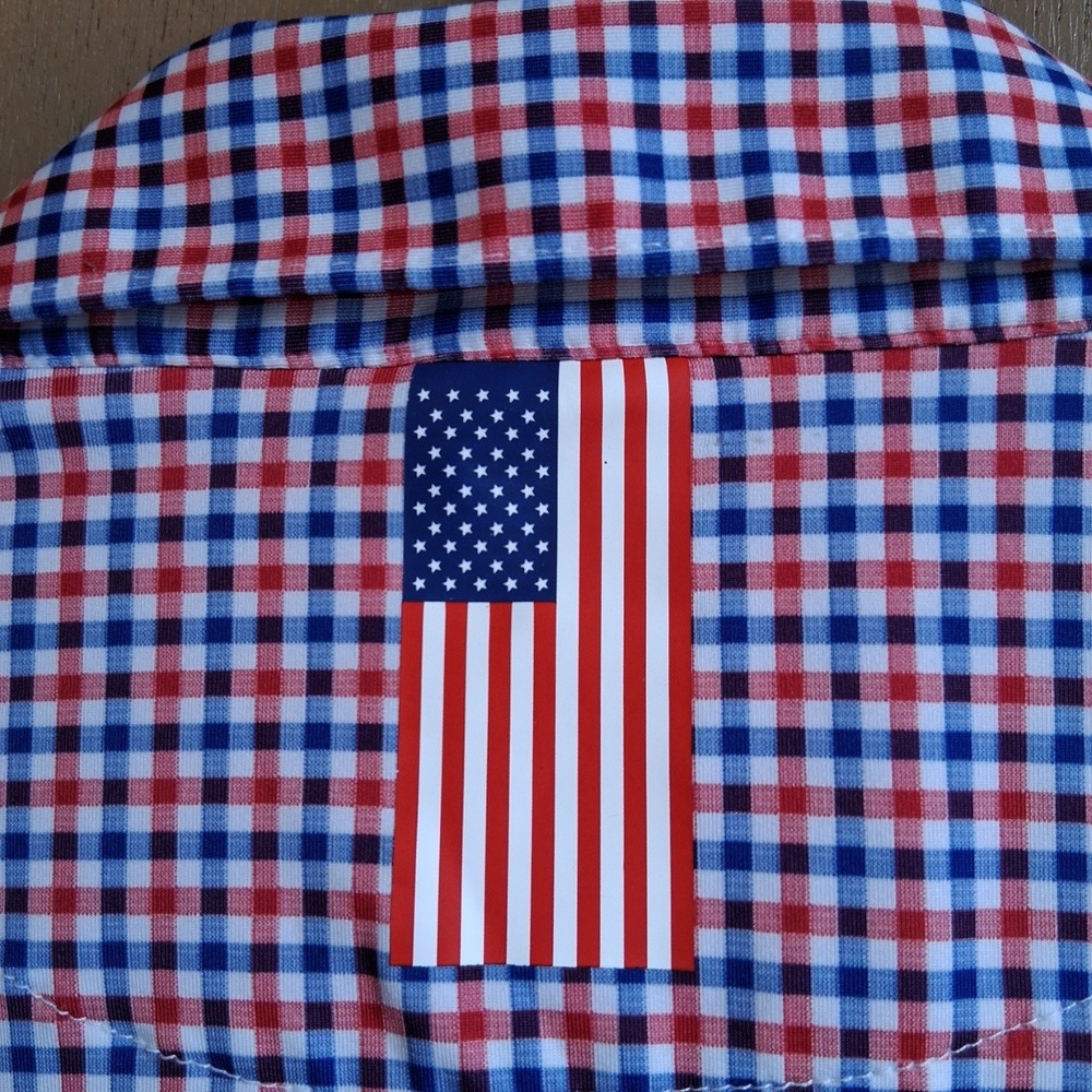 Rhoback Polo Shirt Mens L Red White Blue Gingham Performance USA Flag Patriotic - Picture 9 of 13